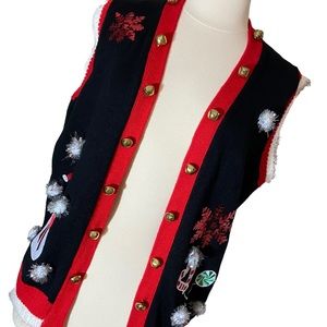 Merry Christmas Xmas Ugly Sweater Vest Sequin BELLS Black Red, Size Medium.